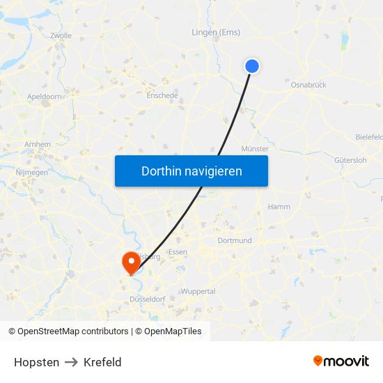 Hopsten to Krefeld map