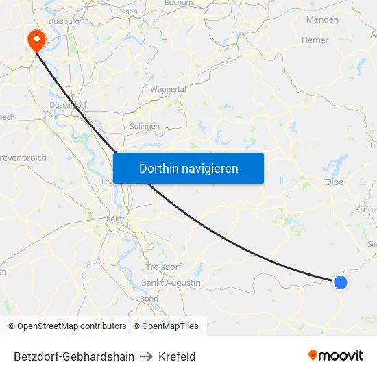 Betzdorf-Gebhardshain to Krefeld map