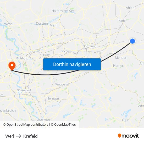 Werl to Krefeld map