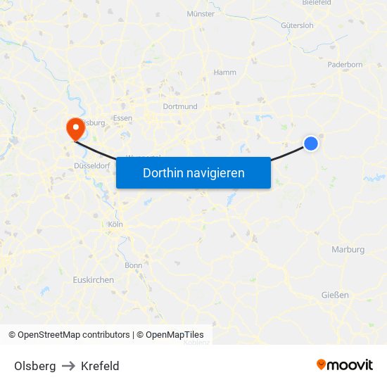 Olsberg to Krefeld map