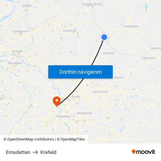 Emsdetten to Krefeld map