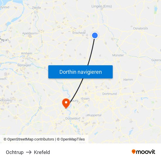 Ochtrup to Krefeld map