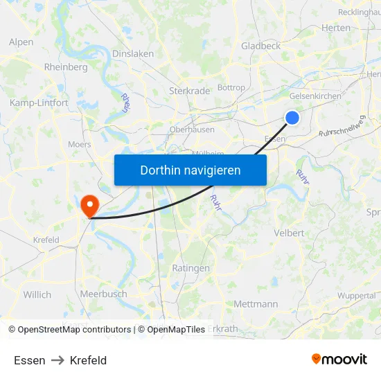 Essen to Krefeld map