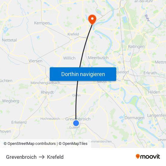 Grevenbroich to Krefeld map