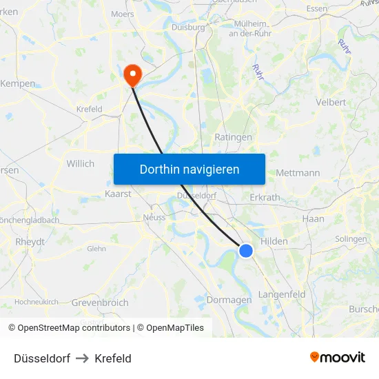 Düsseldorf to Krefeld map