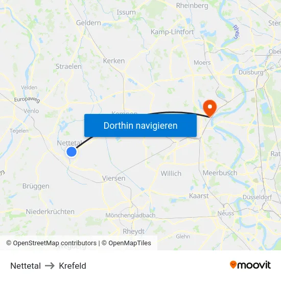 Nettetal to Krefeld map