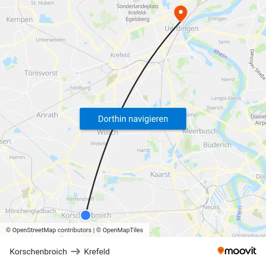 Korschenbroich to Krefeld map