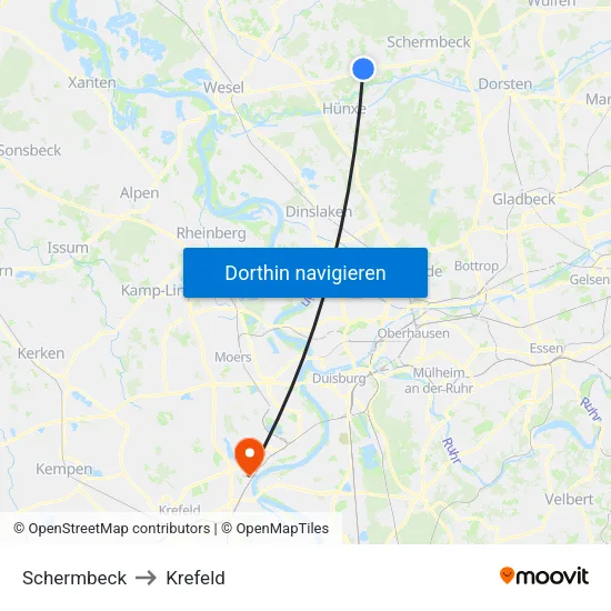 Schermbeck to Krefeld map