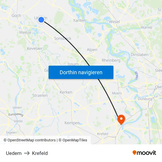 Uedem to Krefeld map