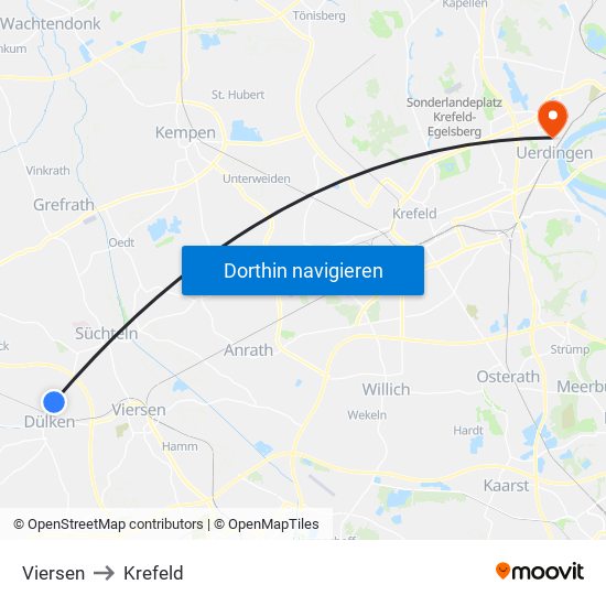 Viersen to Krefeld map