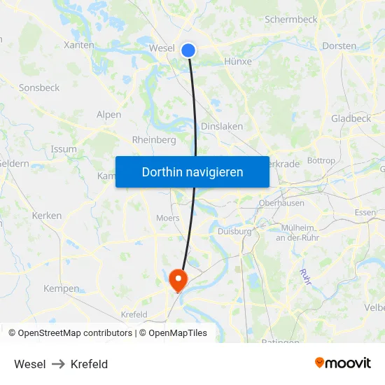 Wesel to Krefeld map