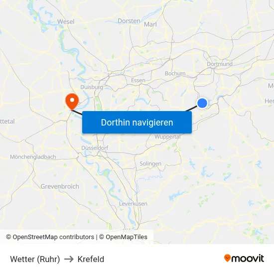 Wetter (Ruhr) to Krefeld map