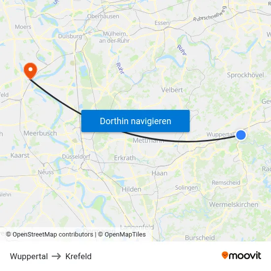 Wuppertal to Krefeld map