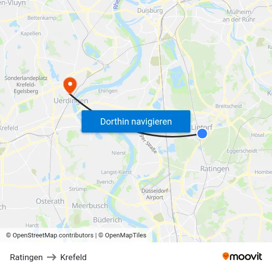 Ratingen to Krefeld map