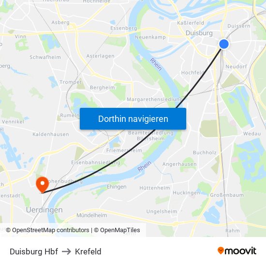 Duisburg Hbf to Krefeld map