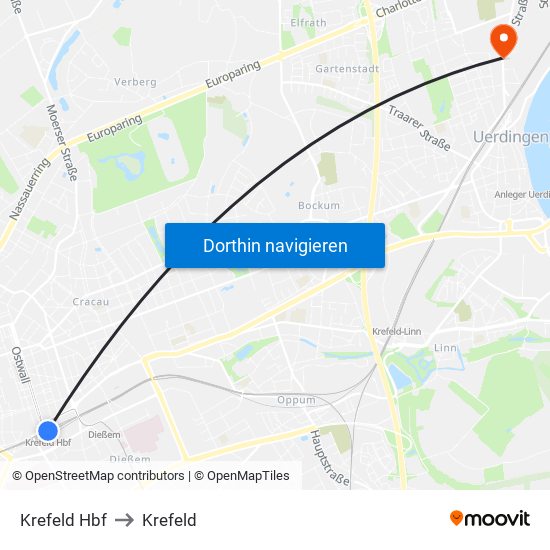 Krefeld Hbf to Krefeld map