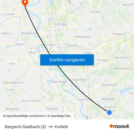 Bergisch Gladbach (S) to Krefeld map