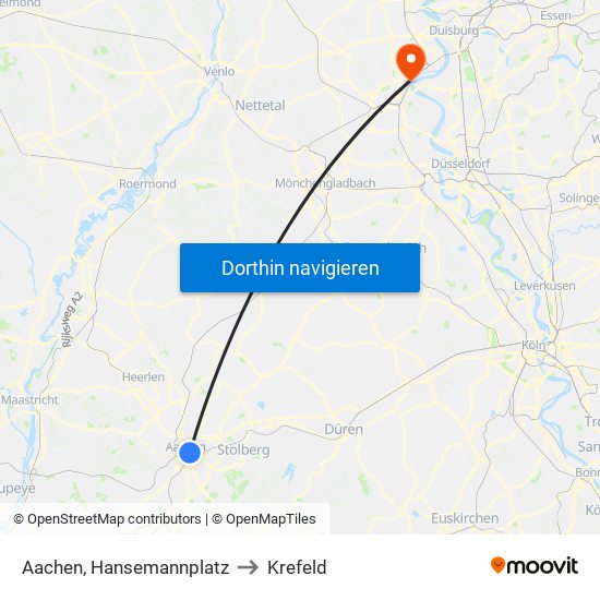 Aachen, Hansemannplatz to Krefeld map