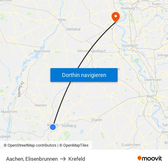 Aachen, Elisenbrunnen to Krefeld map