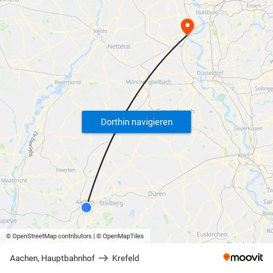 Aachen, Hauptbahnhof to Krefeld map