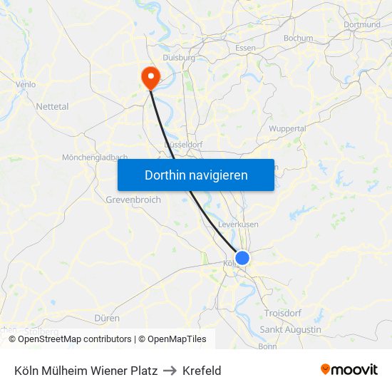 Köln Mülheim Wiener Platz to Krefeld map