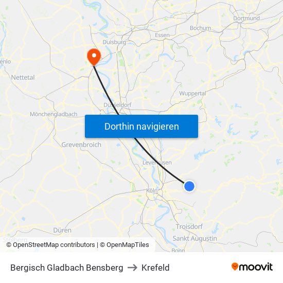 Bergisch Gladbach Bensberg to Krefeld map