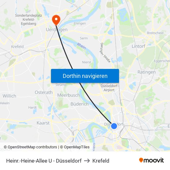 Heinr.-Heine-Allee U - Düsseldorf to Krefeld map