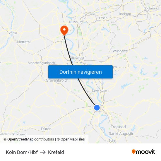 Köln Dom/Hbf to Krefeld map