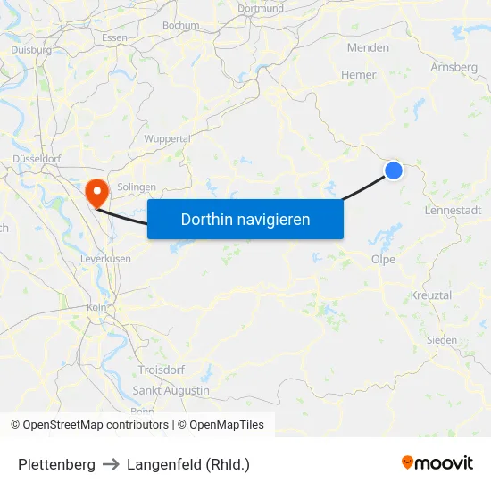 Plettenberg to Langenfeld (Rhld.) map