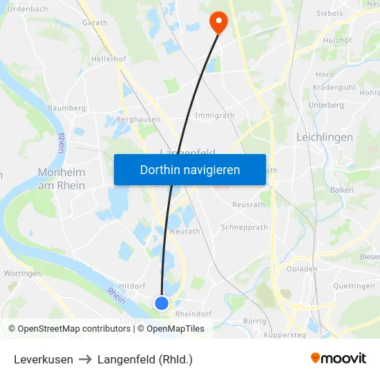 Leverkusen to Langenfeld (Rhld.) map