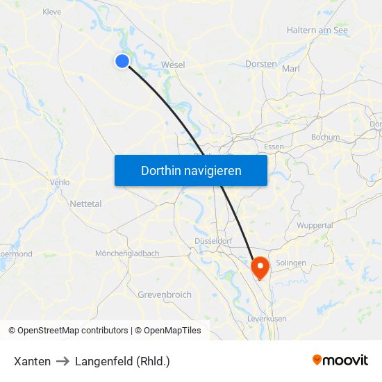 Xanten to Langenfeld (Rhld.) map