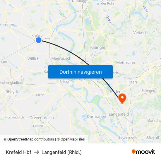 Krefeld Hbf to Langenfeld (Rhld.) map