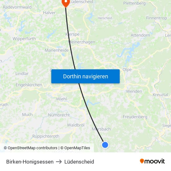 Birken-Honigsessen to Lüdenscheid map
