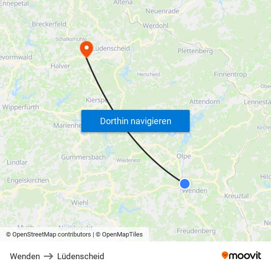 Wenden to Lüdenscheid map