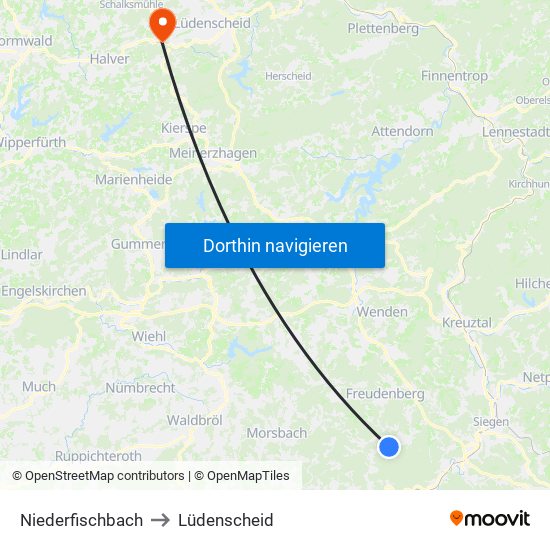 Niederfischbach to Lüdenscheid map