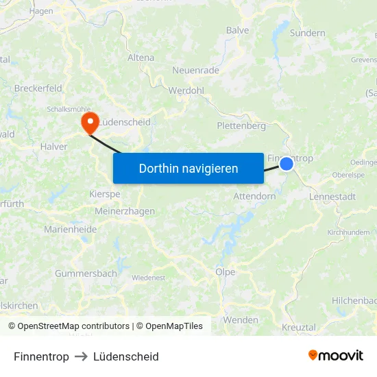 Finnentrop to Lüdenscheid map