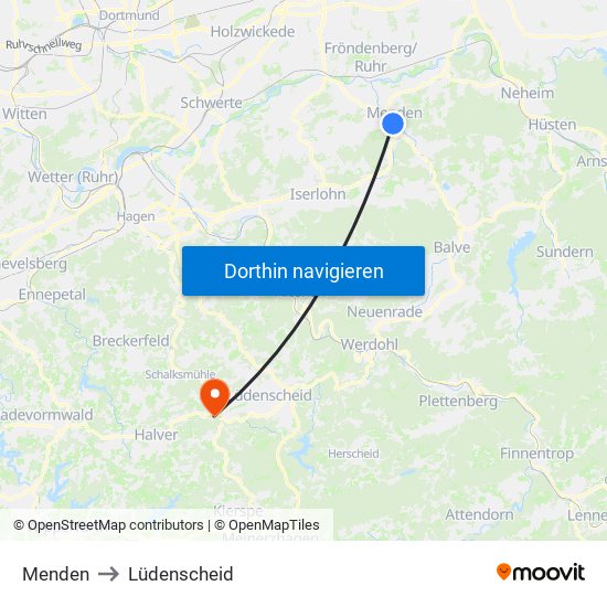 Menden to Lüdenscheid map