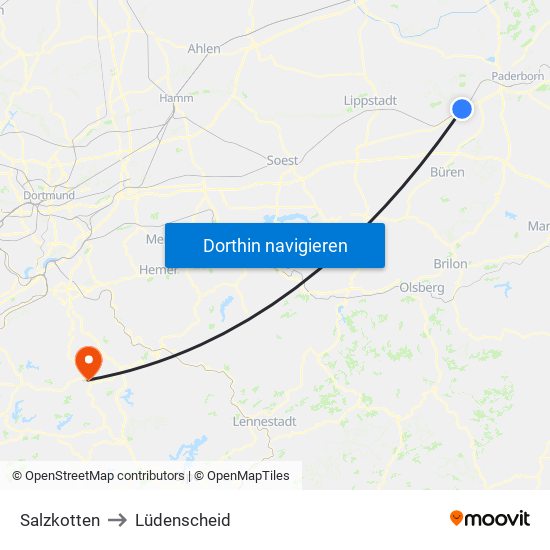 Salzkotten to Lüdenscheid map