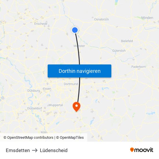 Emsdetten to Lüdenscheid map