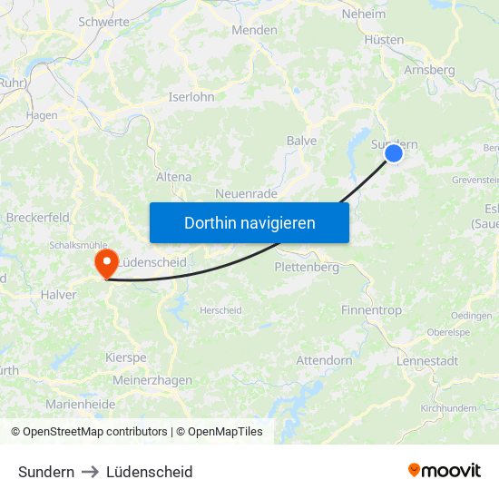 Sundern to Lüdenscheid map