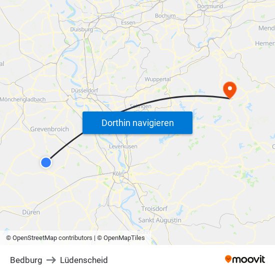 Bedburg to Lüdenscheid map