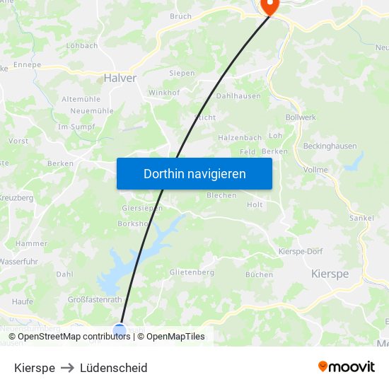 Kierspe to Lüdenscheid map