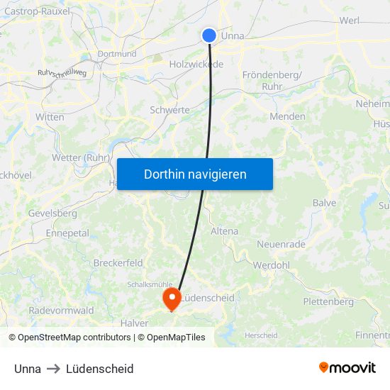 Unna to Lüdenscheid map