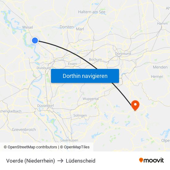 Voerde (Niederrhein) to Lüdenscheid map