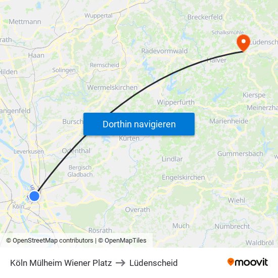 Köln Mülheim Wiener Platz to Lüdenscheid map