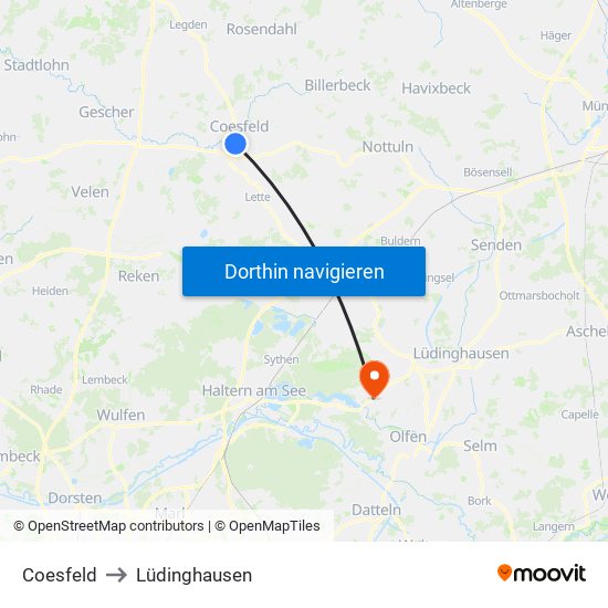 Coesfeld to Lüdinghausen map