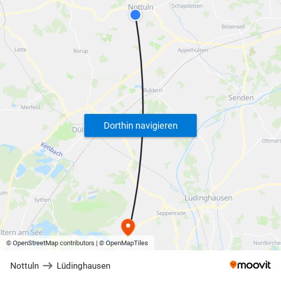 Nottuln to Lüdinghausen map