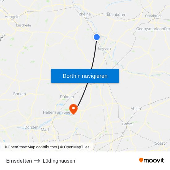 Emsdetten to Lüdinghausen map