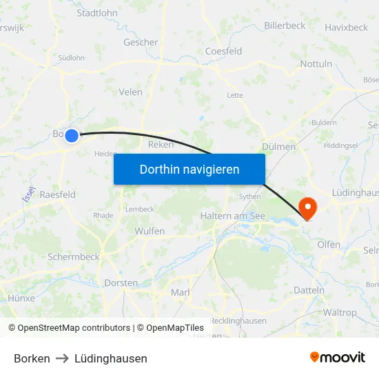 Borken to Lüdinghausen map
