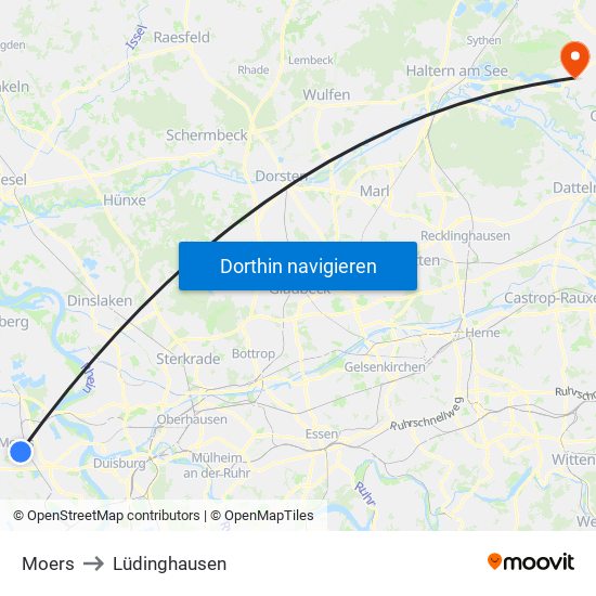 Moers to Lüdinghausen map